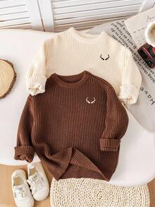 SHEIN 2pcs Young Boys' Brown & Khaki Textured Loose Fit Pullover Sweaters, Versatile For Back To School, Thanksgiving, Christmas, Winter, Cozy Fall & Winter Styles, Long Sleeve Tops - Apricot - View 7