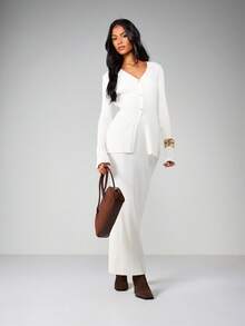 MISSGUIDED 高腰罗纹针织长款半身裙 长款直筒毛衣裙 秋冬修身包臀裙 - 白色 - 查看 4