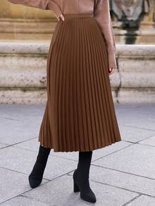 SHEIN Frenchy 女士纯色时尚优雅百搭褶裙 - 巧克力棕 - 查看 3