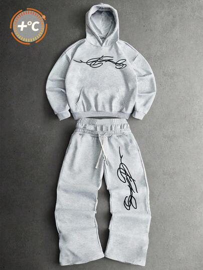 SHEIN Teenager Jungen Herbst Neuankömmling, lässiger minimalistischer Stil, Graffiti handbemalte Sterne & Buchstaben Muster, inspiriert von Sport & Streetwear, Y2K Langarm Hoodie Set, geeignet für Herbst/Winter