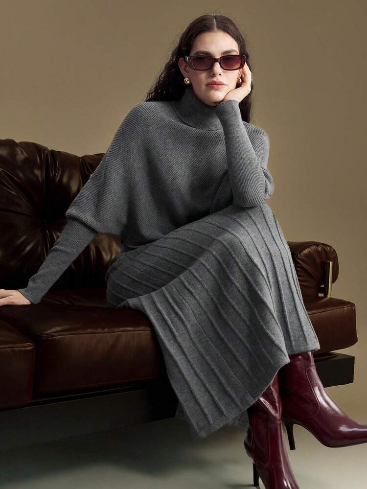 Women's Gray Loose Fit Turtleneck Drop Shoulder Asymmetrical Hem Knitted Wool Blend Sweater,Elegant Office Autumn Effortless Chic Old Money Style