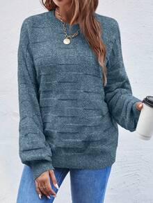 SHEIN LUNE Solid Color Crew Neck Loose Knit Pullover Sweater - Dark Green - View 3