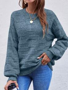 SHEIN LUNE Solid Color Crew Neck Loose Knit Pullover Sweater - Dark Green - View 5