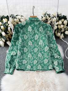 Chiquease 女士纯色提花面料翻领长袖休闲通勤时尚优雅复古衬衫 - 青碧色 - 查看 4