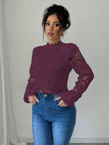 Elenzga 2025秋季新款法式时尚修身高品质蕾丝长袖短款上衣，休闲衬衫，适合通勤、度假、约会、外出、节日、花园、家庭聚会、劳动节、节日庆典、独立日、返校季、教师节、万圣节、感恩节等场合穿着。 - 酒紅色 - 查看 3