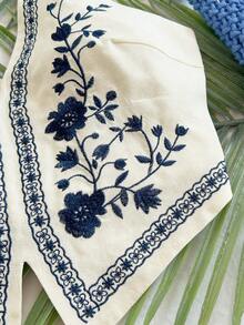 Soleia 杏色底黑色花卉刺绣露背吊带短款上衣，带蝴蝶结，适合音乐节穿着。 - 彩色 - 查看 7