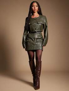 Radiana Women's PU Leather Short Jacket, Vintage Motorcycle Style, Long Sleeve, Cropped, High-Quality, Autumn/Winter Olive Green,جاكيتات شتويه نسائي - Army Green - View 3