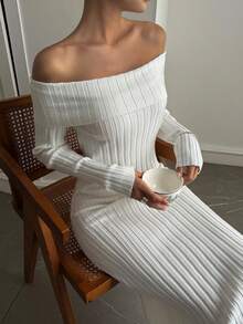 Livesso Women's Off Shoulder Fitted Sweater Dress, Autumn/Winter - White - View 6