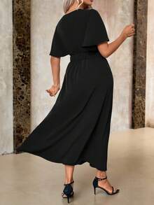 Roveilla 大码V领腰带蝙蝠袖开衩休闲优雅连衣裙长款女装 - 黑色 - 查看 2