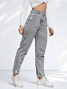 SHEIN ICON 大码女式休闲假日街头破洞宽松灰色牛仔裤 - 淺灰色 - 查看 2