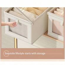 1pc Shelf Large Storage Basket | Sturdy Fabric Wardrobe Storage Box For Organizing Transparent Windows | Foldable Home Storage With Lid, Beige/Gray Decor, Room Decor, Decorations, Decorations, Decor, Storage, Organizer Dress Pants Shoes Jeans Boots Skirt - Multicolor - View 5