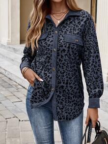 EMERY ROSE Plus Size Women Leopard Print Patchwork Shirt Style Jacket, Autumn/Winter - Blue - View 8