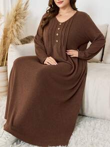 Lacomfia 大码女式休闲宽松针织纹理前开襟长袖连衣裙，适合秋冬季节穿着。 - 棕色 - 查看 4
