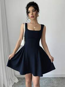 Elenzga Váy nữ mới, cổ vuông không tay dáng chữ A, viền nhún, vải co giãn cao, màu trơn, kiểu dáng trẻ trung, thời trang, mặc đi làm & thường ngày, ôm eo đa năng, phù hợp mặc vào mùa xuân, hè, thu, đông, váy kiểu Ý thanh lịch và tinh tế - Xanh đậm - Xem 3