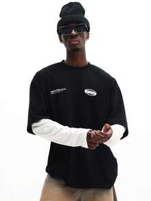 SUMWON Camiseta de algodón de manga corta con cuello redondo, ajuste regular, con estampado de lema en capas y diseño de texto inspirador y estampado en la espalda para un estilo casual y urbano de uso diario - Negro - Ver 4