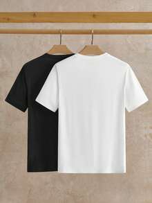 Manfinity NXTstreet 2 piezas empaquetadas Camiseta de manga corta con estampado de conejo de punto casual para hombres - Blanco y Negro - Ver 2