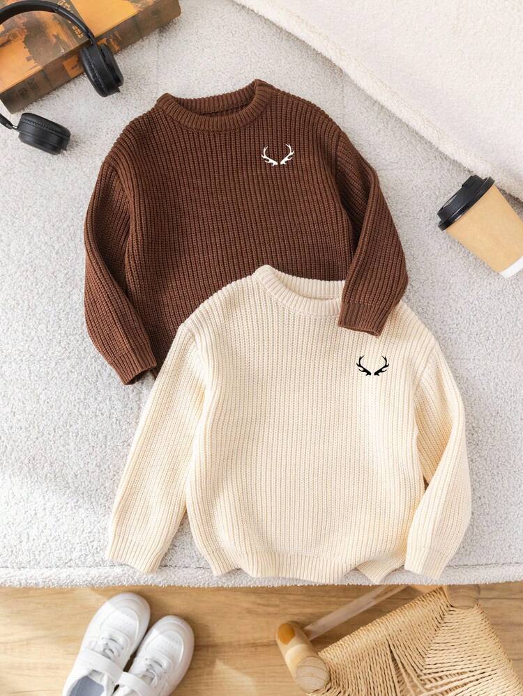 SHEIN 2pcs Young Boys' Brown & Khaki Textured Loose Fit Pullover Sweaters, Versatile For Back To School, Thanksgiving, Christmas, Winter, Cozy Fall & Winter Styles, Long Sleeve Tops - Apricot - View 8