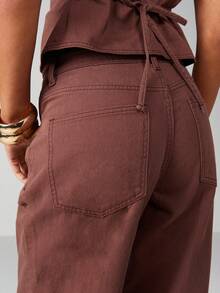 MISSGUIDED Hoher Bund, weite Beine, Hose mit Kordelzug-Taille und Gürteldetail für Frauen, Lässig Hose für Herbst und Winter - Braun - Übersicht 5