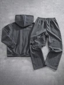 Manfinity EMRG 男士休闲纹理拉链连帽衫和长裤套装，秋季 - 深灰色 - 查看 2
