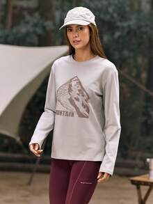 SHEIN In My Nature 女士户外山峰字母印花长袖宽松T恤，春秋季 - 淺灰色 - 查看 4