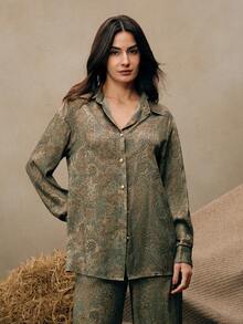 Anewsta Elegant Casual Leopard & Paisley Print Long Sleeve Shirt Spring For Women - Army Green - View 5