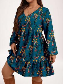 EMERY ROSE Vintage Green Floral Print Plus Size Dress New Year Party - Teal Blue - View 3