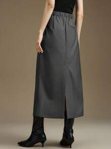 Ontre 女士纯色百褶长直筒裙，适合都市通勤、商务、休闲、办公室、圣诞节、新年派对等场合 - 深灰色 - 查看 3