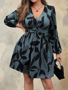 Roveilla Plus Size Women Floral Print Waist Ruffle Mini Dress, Casual Vacation/Commute, Spring/Autumn Fall Cloth For Women - Dusty Blue - View 1