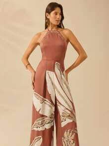 CAJUNI 女士度假休闲露背棕榈树棕色连体裤 - 棕色 - 查看 1