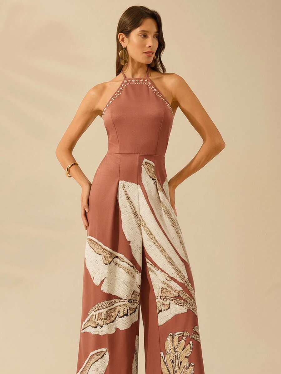 CAJUNI 女士度假休闲露背棕榈树棕色连体裤 - 棕色 - 查看 1