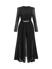 Ellevyn 大码优雅派对银箔网眼拼布连体裤 - 黑色 - 查看 6