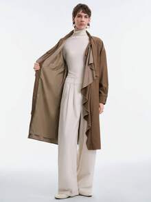 SHEIN LUNE 女士时尚新款秋冬休闲亚麻混纺系带荷叶边下摆长袖高领中长外套，适合商务会议、婚礼、晚宴、通勤、毕业派对、假期、约会、聚会等场合。 - 卡其色 - 查看 9