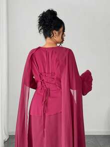 SHEIN Tall CURVE Vestido elegante de estilo vintage francés con estilo chic del Medio Oriente para mujer de talla grande, con cintura ajustable, mangas acampanadas y hombros drapeados, adecuado para fiestas, ropa de mujer de otoño/invierno, fiesta de club, elegante, vestidos formales de mujer, vestido de noche - Burdeos - Ver 3