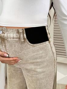 SHEIN Maternity High Waist Pockets Wide Leg Loose Casual Versatile Jeans - Khaki - View 5