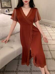 DAZY Knit Patchwork Polka Dot Mesh Lace Patchwork Waist V-Neck Women's Loungewear Dress - Redwood - View 3
