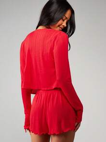 MISSGUIDED Bộ đồ ngủ Giáng sinh Pointelle Knit Cardigan cổ tròn kèm quần short Bộ đồ ngủ ba mảnh có gân ấm áp - Đỏ - Xem 2