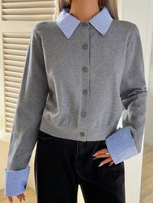 DAZY 女士休闲撞色翻领开衫，秋季款 - 灰色 - 查看 3