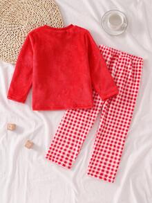 Infant Girls' Plush Plaid Long Sleeve Top And Pants Comfortable Pajama Set,Red Plush Plaid Pajamas, Christmas Pajamas, Winter Pajamas Fleece Pajamas Christmas Pajamas Plush Baby Checkered Outfit Baby Set Autumn Winter Season 2 Piece Toddler Sets Baby Casual Sets - Red and White - View 2