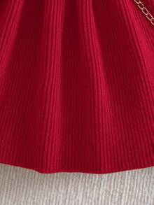 SHEIN Babygirl Cute Solid Color Knitted Long Sleeve Dress, Autumn/Winter - Red - View 9