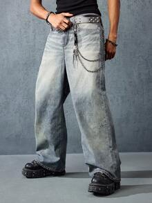 ROMWE MEN Goth Men's Cross Pattern Wide Leg Casual Loose Street Jeans - Dark Wash - View 5