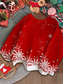 Tween Girl Red Autumn Cute Graphic Christmas Reindeer Snowflake Pattern Sweatshirt,Loose Fit Crew Neck Long Sleeve Birthday Festive Casual Top - Multicolor - View 3