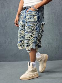 ROMWE MEN Street Life Men's Distressed Denim 3/4 Length Blue Shorts - Blue - View 13