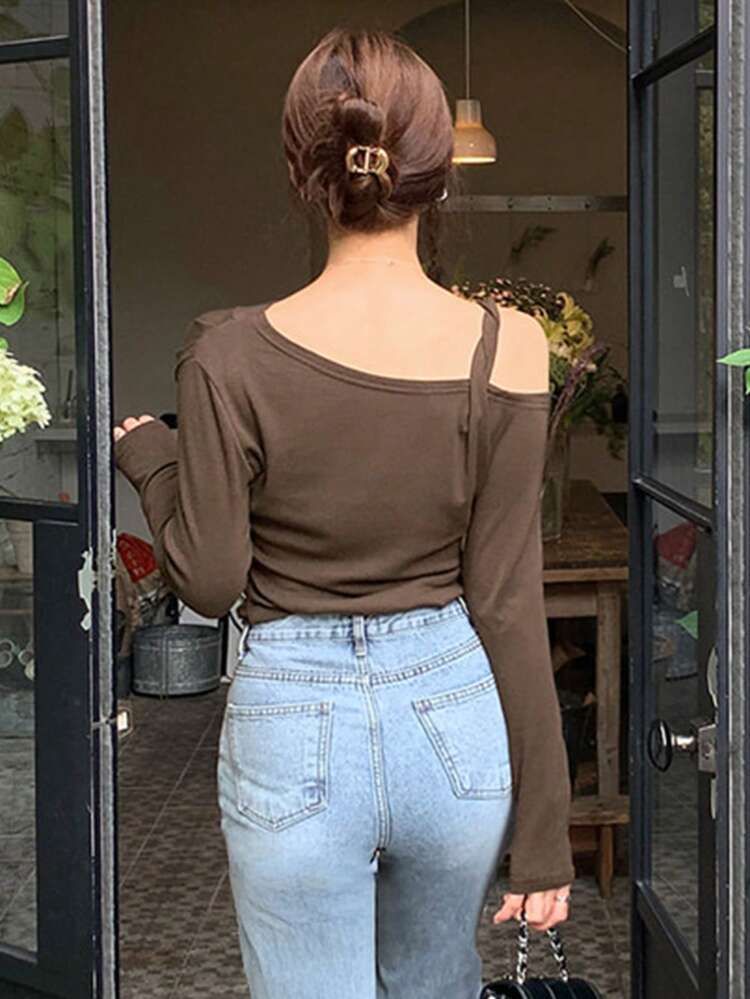 Unique Twist Knot Oblique Shoulder Long Sleeve T-Shirt, Asymmetrical Asymmetrical Shoulder Women Tee