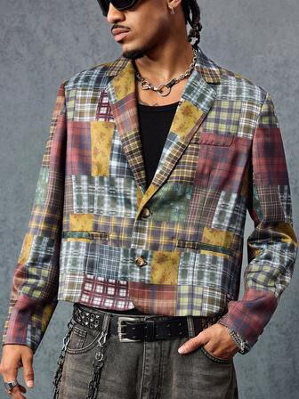 Street Life Costume à carreaux mode avec col contrasté, épaules blocs de couleurs, manches longues et boutons devant pour hommes