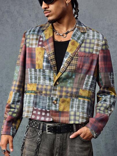 Street Life Costume à carreaux mode avec col contrasté, épaules blocs de couleurs, manches longues et boutons devant pour hommes