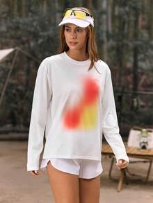 SHEIN In My Nature 女士撞色印花圆领长袖上衣 - 白色 - 查看 4