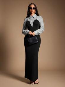 Radiana 大码女式优雅独特黑白条纹二合一衬衫裙，适合办公室/工作场合、商务休闲、通勤、约会、聚会、休闲外出、秋冬季穿着。 - 彩色 - 查看 4