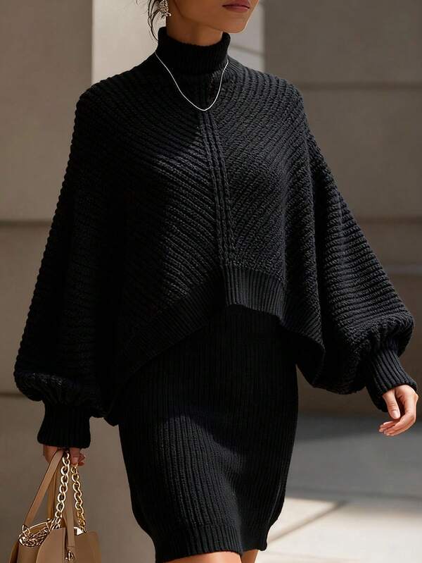 EMERY ROSE 女士优雅高领宽松针织毛衣连衣裙两件套，秋冬款