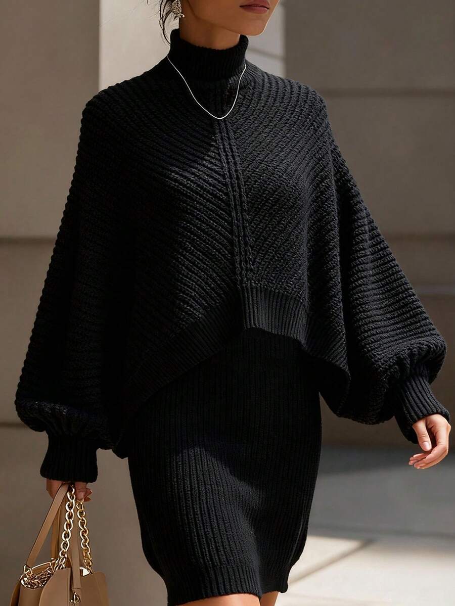 EMERY ROSE 女士优雅高领宽松针织毛衣连衣裙两件套，秋冬款 - 黑色 - 查看 1