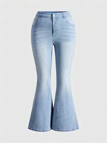 ROMWE Grunge Punk Quần jeans ống loe thêu chữ thập giặt thường cỡ lớn - Màu xanh nhạt - Xem 4